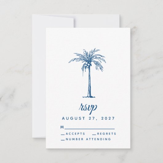 Moderne Blue Palm Tropical Beach Hochzeit RSVP Karte (Vorderseite)