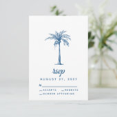 Moderne Blue Palm Tropical Beach Hochzeit RSVP Karte (Stehend Vorderseite)