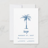 Moderne Blue Palm Tropical Beach Hochzeit RSVP Karte (Vorderseite)