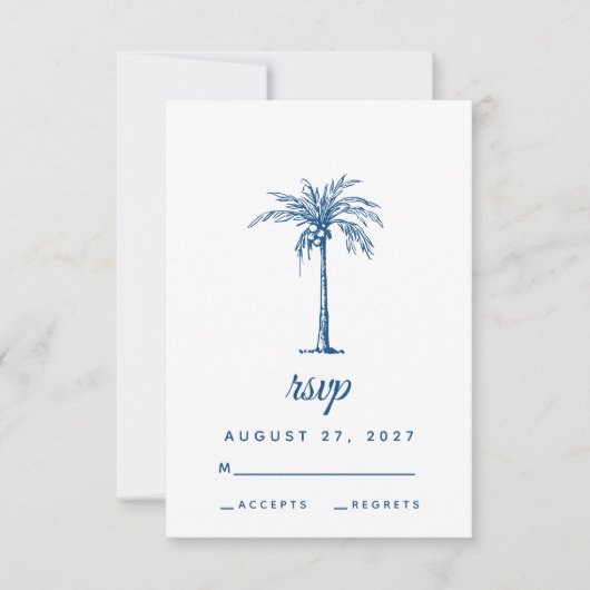 Moderne Blue Palm Tropical Beach Hochzeit RSVP Karte (Vorderseite)