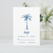 Moderne Blue Palm Tropical Beach Hochzeit RSVP Karte (Stehend Vorderseite)