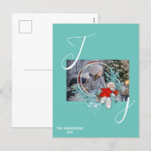 Moderne Blue Pine Wreath Joy Foto Holiday Card