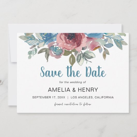 Moderne Blue & Pink Floral QR Code Hochzeit Save The Date (Vorderseite)
