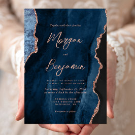Moderne Blue Rose Gold Agate Script Hochzeit Einladung
