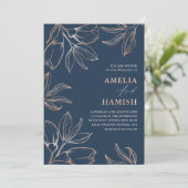 Moderne Blue & Rose Gold Foliage Einladung (Stehend Vorderseite)