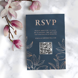 Moderne Blue & Rose Gold Foliage UAWG QR Hochzeit RSVP Karte
