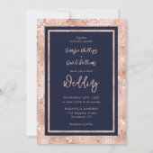 Moderne Blue Rose Gold Glitzer Script Hochzeit Einladung (Vorderseite)