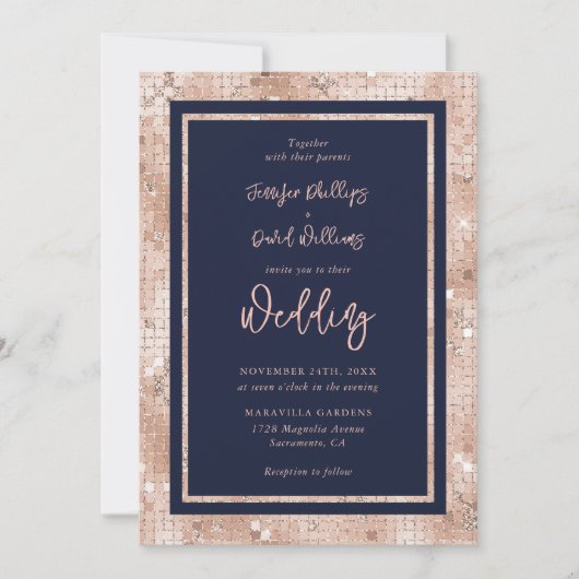 Moderne Blue Rose Gold Glitzer Script Hochzeit Einladung (Vorderseite)
