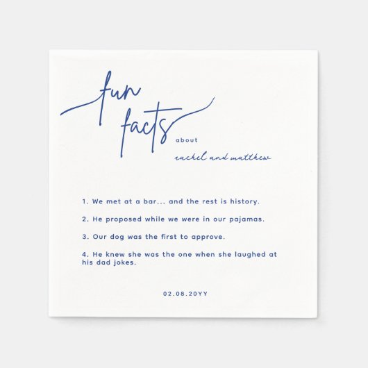 Moderne Blue Script Fun Fakten Hochzeiten von Napk Serviette (Vorderseite)