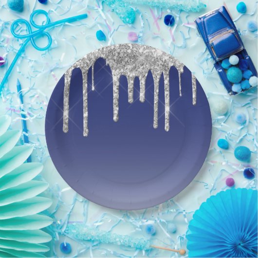 Moderne Blue Silver Glitzer Tropfen Pappteller (Party)