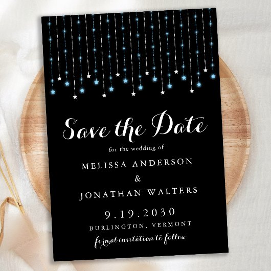 Moderne Blue Silver Stars String Lights Wedding Save The Date