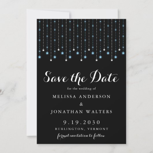 Moderne Blue Silver Stars String Lights Wedding Save The Date (Vorderseite)