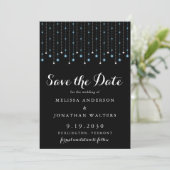 Moderne Blue Silver Stars String Lights Wedding Save The Date (Stehend Vorderseite)