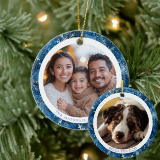 Moderne Blue Snowflakes Familie Weihnachten 2 Foto Keramik Ornament