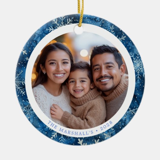 Moderne Blue Snowflakes Familie Weihnachten 2 Seit Keramik Ornament (Vorne)