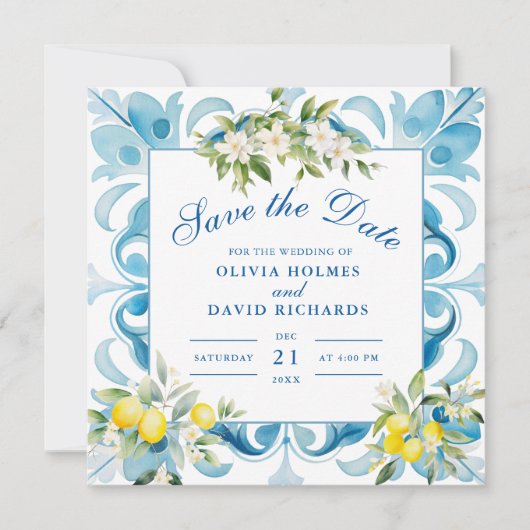 Moderne Blue Tiles und Lemon Save the Date Card (Vorderseite)