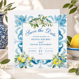 Moderne Blue Tiles und Lemon Save the Date Card