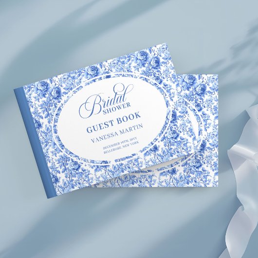 Moderne Blue Toile Rosen Hochzeitsempfang Gästebuc Gästebuch