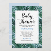 Moderne Blue Tropical Palm Blätter Baby Boy Dusche Einladung (Vorne/Hinten)