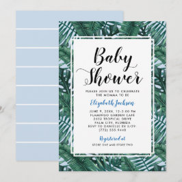 Moderne Blue Tropical Palm Blätter Baby Boy Dusche Einladung