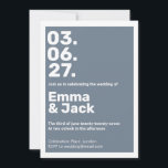 Moderne Blue Vertical Date Hochzeit Einladung<br><div class="desc">Diese stilvolle Hochzeitseinladung besticht durch ein gewagtes vertikales Datumsdesign in knalligem Weiß auf einem schieferblauen Hintergrund,  gepaart mit moderner Typografie für einen eleganten und zeitgemäßen Look. Ideal für Paare,  die eine minimalistische Ästhetik mit einem grafischen Rand suchen. Ideal für Hochzeiten mit modernen,  städtischen oder industriellen Themen.</div>