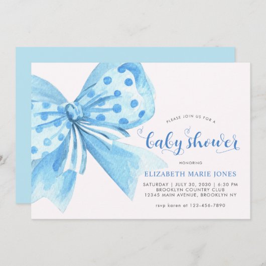 Moderne Blue Watercolor Bow Ribbon Boy Baby Dusche Einladung (Vorne/Hinten)