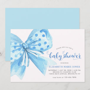 Moderne Blue Watercolor Bow Ribbon Boy Baby Dusche Einladung