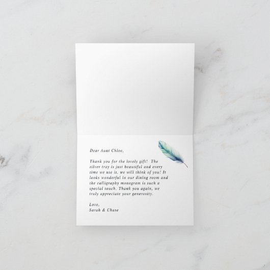 Moderne Blue Watercolor Feather Wedding Dankeskarte (Innenseite)