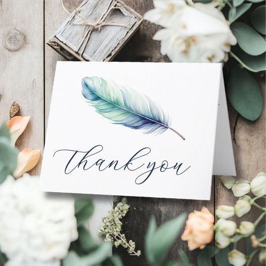 Moderne Blue Watercolor Feather Wedding Dankeskarte