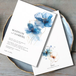 Moderne Blue Watercolor Tinte Wildblume Hochzeit Einladung