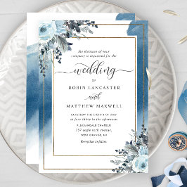 Moderne Blue Watercolor und Blue Floral Wedding Einladung
