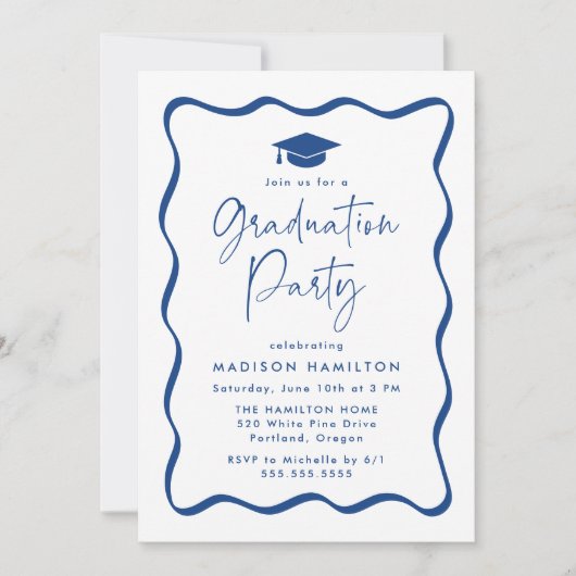 Moderne Blue Wavy Frame Foto Graduation Party Einladung (Vorderseite)
