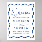 Moderne Blue Wavy Frame Wedding Willkommen Poster (Vorne)