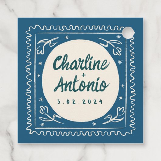 Moderne Blue Wavy Handwriting Retro Wedding Geschenkanhänger (Rückseite)