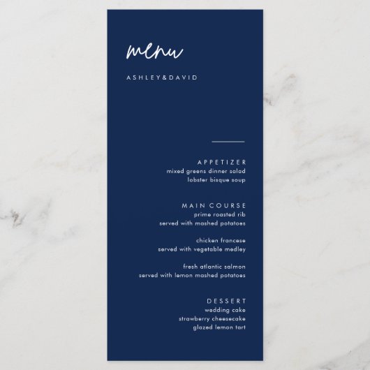 Moderne Blue Wedding Menu Cards Menükarte (Vorderseite)