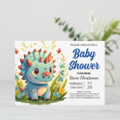 Moderne Blue Whimsical Dinosaur Baby Dusche Einladung (Stehend Vorderseite)