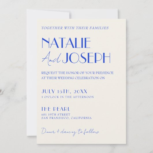 Moderne Blue Whimsical French Retro QR Code Hochze Einladung (Vorderseite)