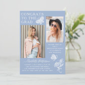 Moderne Blue White Butterfly Foto Graduation Party Einladung (Stehend Vorderseite)