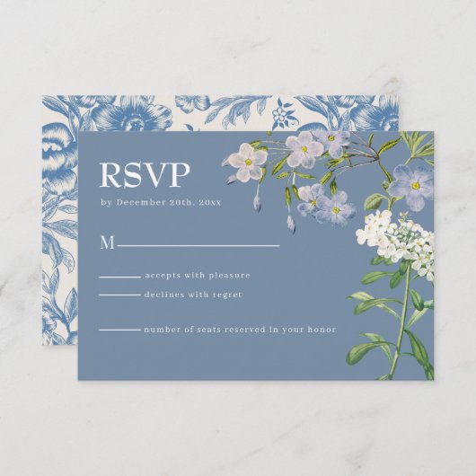 Moderne Blue & White Floral Wedding RSVP Card (Vorne/Hinten)
