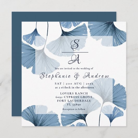 Moderne Blue & White Foliage Hochzeit Einladung (Vorne/Hinten)