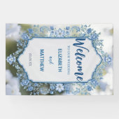 Moderne Blue & White Overlay Blume Hochzeit Banner (Horizontal)