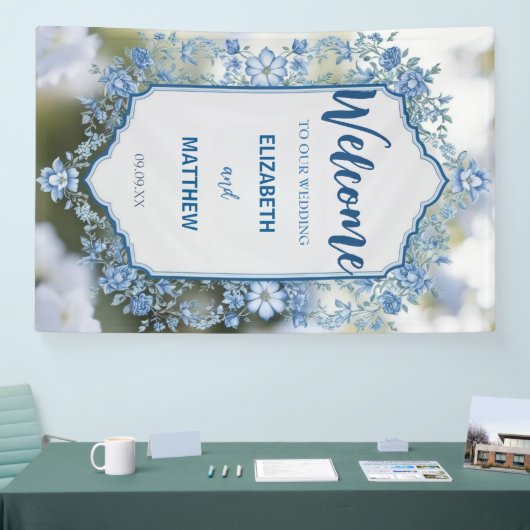 Moderne Blue & White Overlay Blume Hochzeit Banner (Messe)