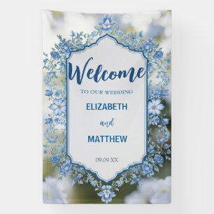 Moderne Blue & White Overlay Blume Hochzeit Banner