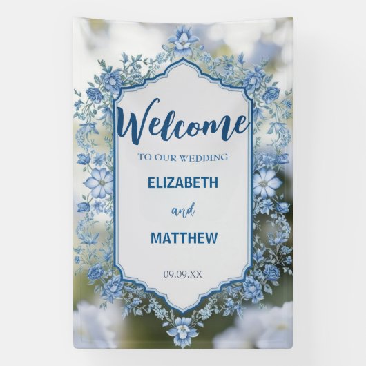 Moderne Blue & White Overlay Blume Hochzeit Banner (Vertikal)