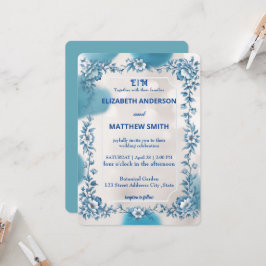 Moderne Blue & White Overlay Blume Hochzeit Einladung