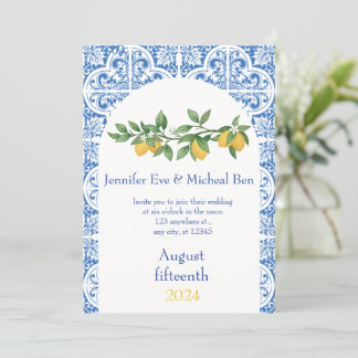 Moderne Blue & White Tiles Lemon Wedding Einladung
