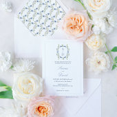 Moderne Blue Wildblumen Monogram Wappen Wedding Einladung