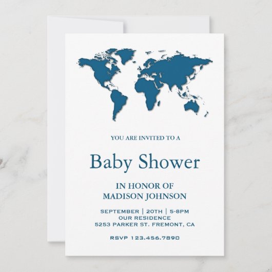 Moderne Blue World Map Baby Dusche Einladung (Vorderseite)