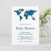 Moderne Blue World Map Baby Dusche Einladung (Stehend Vorderseite)