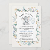 Moderne Blue Yellow Floral Elephant Baby Dusche Einladung (Vorne/Hinten)